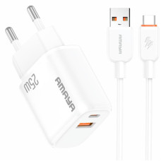 Мережевий зарядний пристрій Amaya E213D PD25W+QC3.0 (1USB-A/1C) + кабель USB to Type-C White