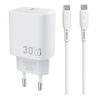 Сетевое зарядное устройство WIWU G008 Essen PD30W GaN (1USB-C) + кабель Type-C to Type-C - White