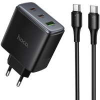 Мережевий зарядний пристрій Hoco C160A Upgrade PD65W+QC3.0 (1USB-A/2C) + кабель Type-C to Type-C Black