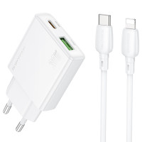 Сетевое зарядное устройство Borofone BN25 Wish PD30W+QC3.0 (1USB-A/1C) + кабель Type-C to Lightning - White