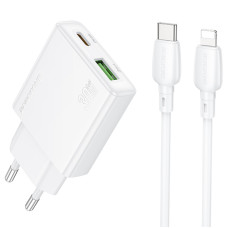 Сетевое зарядное устройство Borofone BN25 Wish PD30W+QC3.0 (1USB-A/1C) + кабель Type-C to Lightning - White