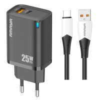Мережевий зарядний пристрій Amaya E215D PD25W+QC3.0 (1USB-A/1C) + кабель USB to Type-C Black