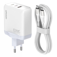 Сетевое зарядное устройство Amaya E780T PD45W+QC3.0 GaN (1USB-A/2C) + кабель Type-C to Type-C White