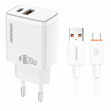 Сетевое зарядное устройство Amaya E67D PD20W+QC3.0 (1USB-A/1C) + кабель USB to Type-C White