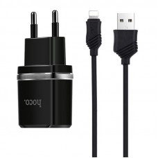 Мережевий зарядний пристрій Hoco C12 Charger + Cable Lightning 2.4A 2USB - Чорний