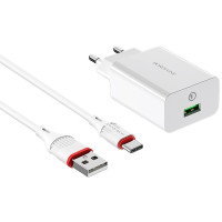 Мережевий зарядний пристрій (зарядка) Borofone BA21A Long journey QC3.0 3A (1USB-A) + кабель USB to Type-C - Білий
