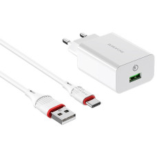 Мережевий зарядний пристрій (зарядка) Borofone BA21A Long journey QC3.0 3A (1USB-A) + кабель USB to Type-C - Білий