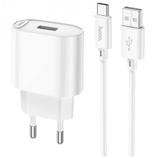 Мережевий зарядний пристрій (зарядка) Hoco C109A Fighter QC3.0 18W (1USB-A) + кабель USB to Type-C - White