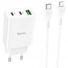 Мережевий зарядний пристрій Hoco C99A PD20W+QC3.0 (1USB/2Type-C/3A) + Type-C to Lightning - White