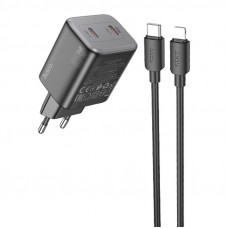 Сетевое зарядное устройство (зарядка) Hoco N42 Elogiado 2C PD45W + Type to Lightning - Black