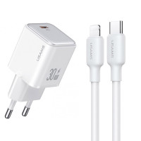 Сетевое зарядное устройство Usams US-CC186 PD30W (1USB-C) + кабель Type-C to Lightning - White