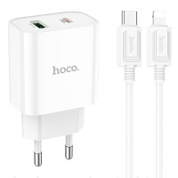 Мережевий зарядний пристрій (зарядка) Hoco C80A Plus Rapido PD20W+QC3.0 (1USB-A/1C) + кабель Type-C to Lightning - White