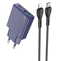 Сетевое зарядное устройство (зарядка) Hoco N45 Biscuit PD30W+QC3.0 (1USB-A/1C) + кабель Type-C to Lightning - Titanium blue