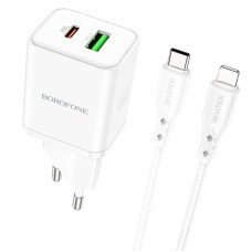 Сетевое зарядное устройство (зарядка) Borofone BN7 PD20W+QC3.0 (1USB-A/1C) + кабель Type-C to Lightning - White