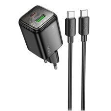 Caricatore da rete Hoco N53 Monsoon PD30W+QC3.0 (1USB-A/1C) + cavo Type-C to Type-C - Black