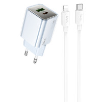 Мережевий зарядний пристрій (зарядка) Hoco N46 Glorious PD20W+QC3.0 (1USB-A/1C) + кабель Type-C to Lightning - Blue
