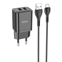 Сетевое зарядное устройство (зарядка) Hoco N25 Maker (2USB-A) + USB to MicroUSB - Black