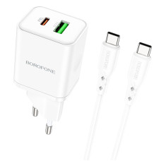 Мережевий зарядний пристрій (зарядка) Borofone BN7 PD20W+QC3.0 (1USB-A/1C) + кабель Type-C to Type-C - White