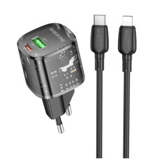 Мережевий зарядний пристрій (зарядка) Borofone BN17 Sunlight PD20W+QC3.0 (1USB-A/1C) + кабель Type-C to Lightning - Transparent black