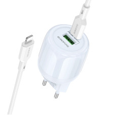 Мережевий зарядний пристрій (зарядка) Borofone BA94A Lustrous PD30W+QC3.0 (1USB-A/1C) + кабель Type-C to Lightning - Blue