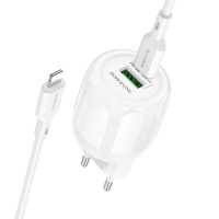Сетевое зарядное устройство (зарядка) Borofone BA93A Lustrous PD20W+QC3.0 (1USB-A/1C) + кабель Type-C to Lightning - White