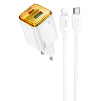 Мережевий зарядний пристрій (зарядка) Hoco N52 Monsoon PD20W+QC3.0 (1USB-A/1C) + кабель Type-C to Lightning - White