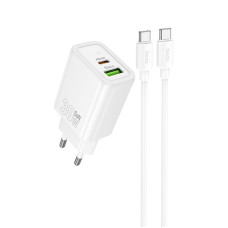 Мережевий зарядний пристрій (зарядка) Hoco N63 Gentle PD30W+QC3.0 (1USB-A/1C) + кабель Type-C to Type-C - White