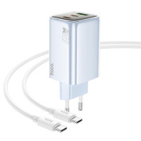 Мережевий зарядний пристрій (зарядка) Hoco N49 Glorious PD65W (1USB-A/2C) + кабель Type-C to Type-C - Blue