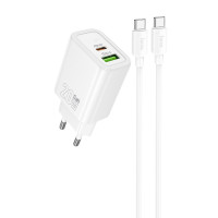 Мережевий зарядний пристрій (зарядка) Hoco N61 Gentle PD20W+QC3.0 (1USB-A/1C) + кабель Type-C to Type-C - White
