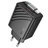 Caricatore da rete Hoco N57 Full PD20W with retractable cable Type-C (2USB-C) - Black