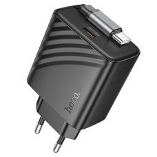 Мережевий зарядний пристрій (зарядка) Hoco N57 Full PD20W with retractable cable Type-C (2USB-C) - Black