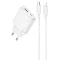 Мережевий зарядний пристрій (зарядка) Hoco C142A Direct PD20W+QC3.0 (1USB-A/1C) + кабель Type-C to Lightning - White