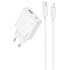 Мережевий зарядний пристрій (зарядка) Hoco C142A Direct PD20W+QC3.0 (1USB-A/1C) + кабель Type-C to Lightning - White