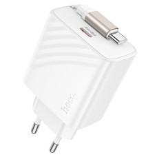 Мережевий зарядний пристрій (зарядка) Hoco N57 Full PD20W with retractable cable Type-C (2USB-C) - White