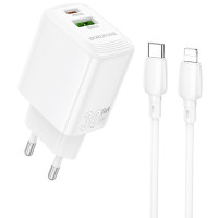 Мережевий зарядний пристрій (зарядка) Borofone BN29 Fuente PD30W+QC3.0 (1USB-A/1C) + кабель Type-C to Lightning - White