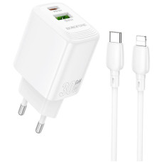 Сетевое зарядное устройство (зарядка) Borofone BN29 Fuente PD30W+QC3.0 (1USB-A/1C) + кабель Type-C to Lightning - White