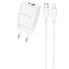 Мережевий зарядний пристрій (зарядка) Borofone BN14 Royal PD30W+QC3.0 (1USB-A/1C) + кабель Type-C to Lightning - White