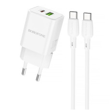 Мережевий зарядний пристрій (зарядка) Borofone BN14 Royal PD30W+QC3.0 (1USB-A/1C) + кабель Type-C to Type-C - White