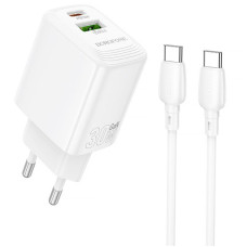 Мережевий зарядний пристрій (зарядка) Borofone BN29 Fuente PD30W+QC3.0 (1USB-A/1C) + кабель Type-C to Type-C - White