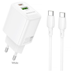 Мережевий зарядний пристрій (зарядка) Borofone BN27 Fuente PD20W+QC3.0 (1USB-A/1C) + кабель Type-C to Type-C - White
