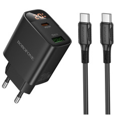 Мережевий зарядний пристрій (зарядка) Borofone BA96A Ilustre with digital display PD20W+QC3.0 (1USB-A/1C) + кабель Type-C to Type-C - Black