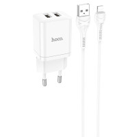 Мережевий зарядний пристрій (зарядка) Hoco N25 Maker (2USB-A) + USB to Lightning - White