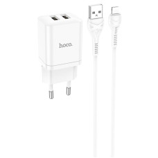 Мережевий зарядний пристрій (зарядка) Hoco N25 Maker (2USB-A) + USB to Lightning - White