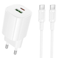 Сетевое зарядное устройство Borofone BA104A Pudding PD20W+QC3.0 (1USB-A/1C) + кабель Type-C to Type-C - White