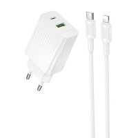 Сетевое зарядное устройство Borofone BAS76A Source PD30W+QC3.0 (1USB-A/1C) + кабель Type-C to Lightning White