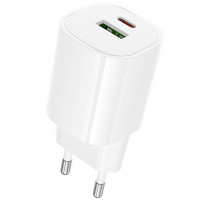 Мережевий зарядний пристрій Borofone BA104A Pudding PD20W+QC3.0 (1USB-A/1C) - White