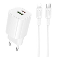 Мережевий зарядний пристрій Borofone BA104A Pudding PD20W+QC3.0 (1USB-A/1C) + кабель Type-C to Lightning - White