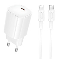 Мережевий зарядний пристрій Borofone BA103A Pudding PD20W (1USB-C) + кабель Type-C to Lightning - White
