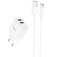 Мережевий зарядний пристрій Hoco C141A Smart 2.1A (2USB-A) + кабель USB to Type-C - White