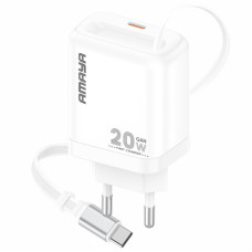 Сетевое зарядное устройство Amaya E220S PD20W GaN (1USB-C) + Retractable Cable Type-C - White